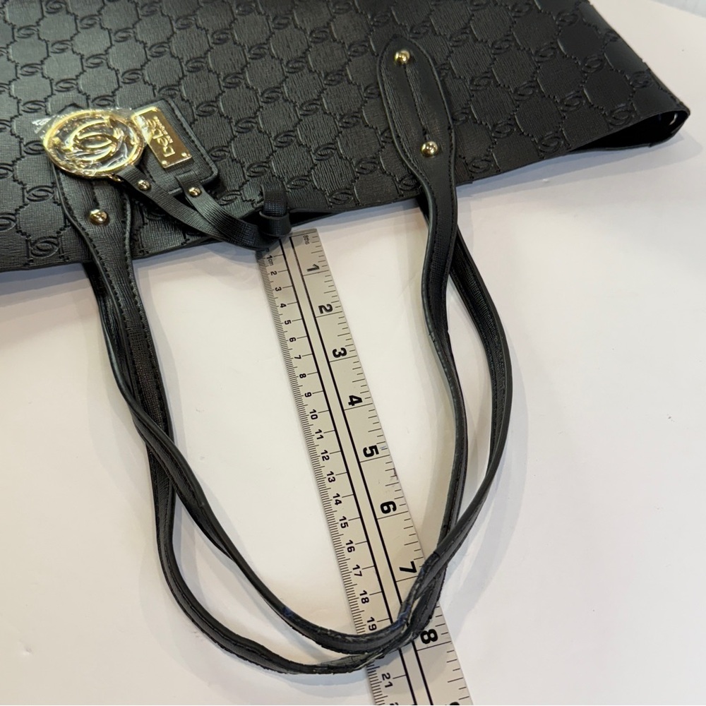 Bebe Embossed Black Logo Tote – Gold Charm & Saffiano Finish Chic - Picture 12 of 16